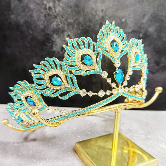 Gold Crystal Crown, Peacock Crown, Blue Crystal Tiara, Homecoming Prom Headpiece - Picture 4 of 8
